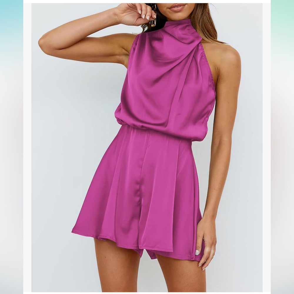 Mock Neck Summer Romper Satin Sleeveless
